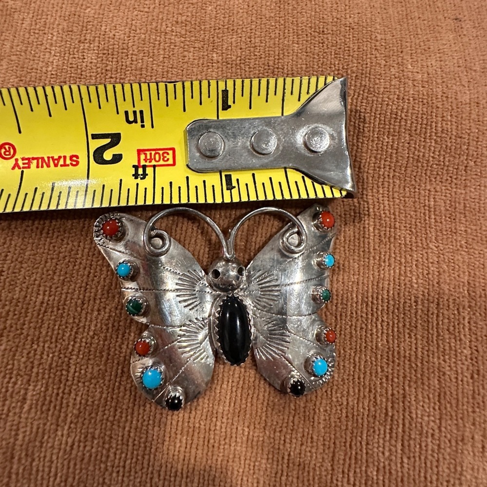 Vintage Sterling Silver Butterfly Pin Signed FY Navajo Turquoise Onyx YAZZIE - Picture 11 of 12